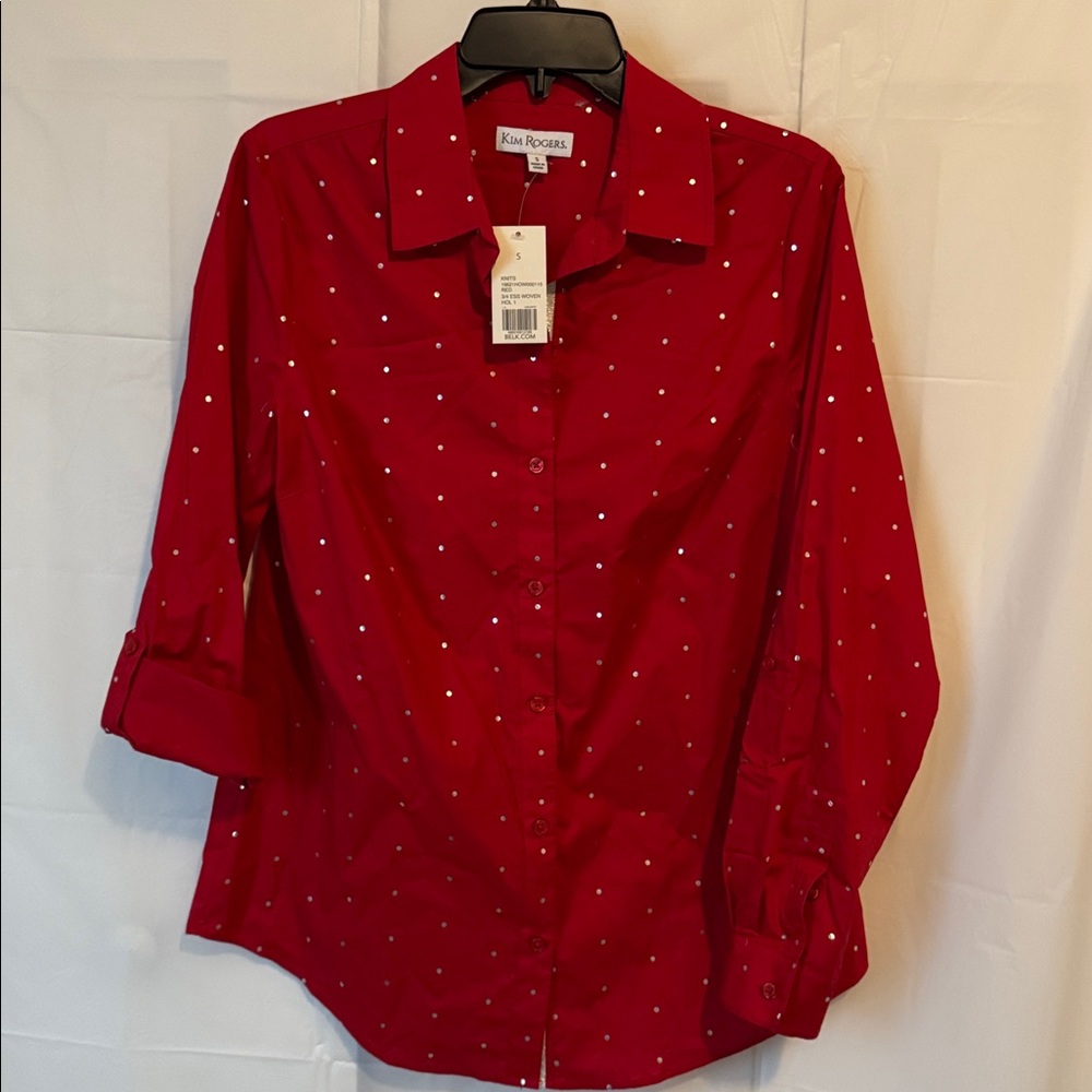 NWT Kim Rogers Small button-down shirt with metallic silver dots Cuff Sleeves - Picture 5 of 11